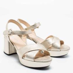 Pre Owned Prada Metallic Gold Saffiano Leather Criss Cross Platform Ankle Strap Sandals Size 38