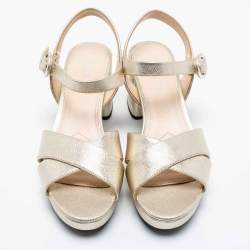 Pre Owned Prada Metallic Gold Saffiano Leather Criss Cross Platform Ankle Strap Sandals Size 38