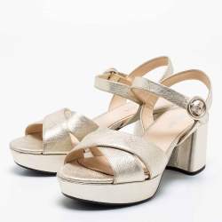 Pre Owned Prada Metallic Gold Saffiano Leather Criss Cross Platform Ankle Strap Sandals Size 38