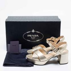 Pre Owned Prada Metallic Gold Saffiano Leather Criss Cross Platform Ankle Strap Sandals Size 38