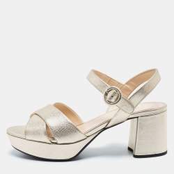 Pre Owned Prada Metallic Gold Saffiano Leather Criss Cross Platform Ankle Strap Sandals Size 38