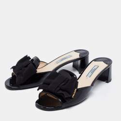 Pre Owned Prada Black Patent Leather and Fabric Bow Block Heel Slide Sandals Size 36.5
