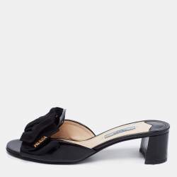 Pre Owned Prada Black Patent Leather and Fabric Bow Block Heel Slide Sandals Size 36.5