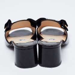 Pre Owned Prada Black Patent Leather and Fabric Bow Block Heel Slide Sandals Size 36.5