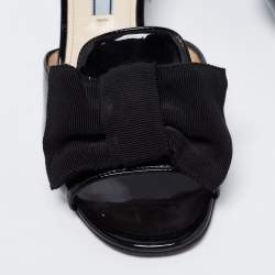 Pre Owned Prada Black Patent Leather and Fabric Bow Block Heel Slide Sandals Size 36.5