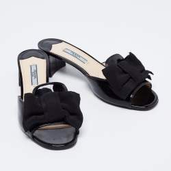 Pre Owned Prada Black Patent Leather and Fabric Bow Block Heel Slide Sandals Size 36.5