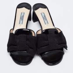 Pre Owned Prada Black Patent Leather and Fabric Bow Block Heel Slide Sandals Size 36.5