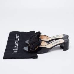 Pre Owned Prada Black Patent Leather and Fabric Bow Block Heel Slide Sandals Size 36.5
