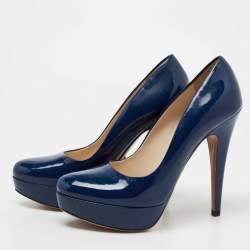 Prada Blue Patent Leather Round Toe Platform Pumps Size 36