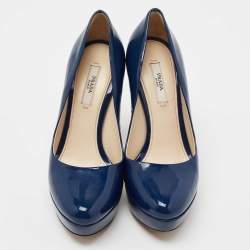 Prada Blue Patent Leather Round Toe Platform Pumps Size 36