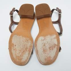 Pre Owned Prada Brown Leather Studded T Strap Sandals Size 38