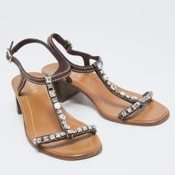 Pre Owned Prada Brown Leather Studded T Strap Sandals Size 38
