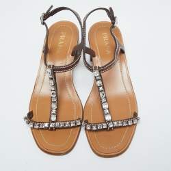Pre Owned Prada Brown Leather Studded T Strap Sandals Size 38