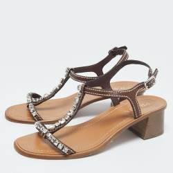 Pre Owned Prada Brown Leather Studded T Strap Sandals Size 38