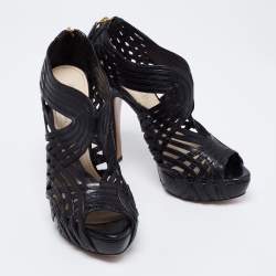 Pre Owned Prada Black Leather Peep Toe Platform Sandals  Size 37