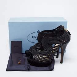Pre Owned Prada Black Leather Peep Toe Platform Sandals  Size 37