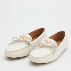 Pre Owned Prada White Leather Bow Loafers Size 37.5