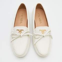 Pre Owned Prada White Leather Bow Loafers Size 37.5