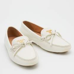 Pre Owned Prada White Leather Bow Loafers Size 37.5