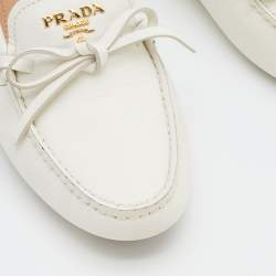 Pre Owned Prada White Leather Bow Loafers Size 37.5