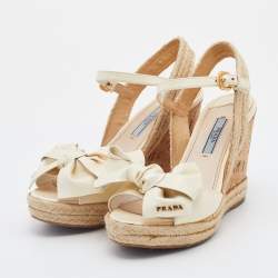Pre Owned Prada Cream Patent Leather Bow Ankle Strap Cork Espadrille Platform Wedge Sandals Size 36.5