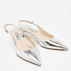 Pre Owned Prada Silver Leather Pointed Toe Slingback Pumps Size 38