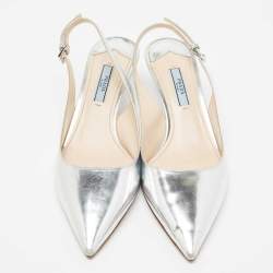 Pre Owned Prada Silver Leather Pointed Toe Slingback Pumps Size 38