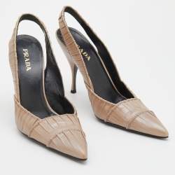 Pre Owned Prada Beige Pleated Leather Slingback Sandals Size 39