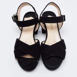 Pre Owned Prada Black Suede Criss Cross Ankle Strap Platform Sandals Size 37