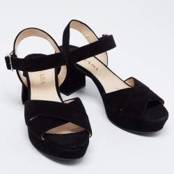Pre Owned Prada Black Suede Criss Cross Ankle Strap Platform Sandals Size 37