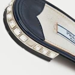 Pre Owned Prada Blue Patent Leather Crystal Embellished Bow Flat Slides Size 36.5
