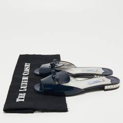 Pre Owned Prada Blue Patent Leather Crystal Embellished Bow Flat Slides Size 36.5