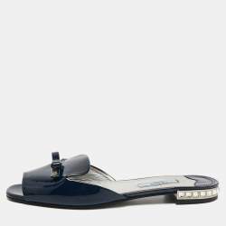 Pre Owned Prada Blue Patent Leather Crystal Embellished Bow Flat Slides Size 36.5