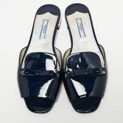 Pre Owned Prada Blue Patent Leather Crystal Embellished Bow Flat Slides Size 36.5