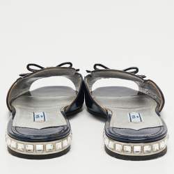 Pre Owned Prada Blue Patent Leather Crystal Embellished Bow Flat Slides Size 36.5