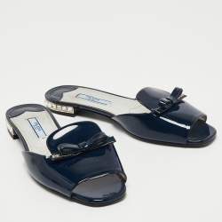 Pre Owned Prada Blue Patent Leather Crystal Embellished Bow Flat Slides Size 36.5