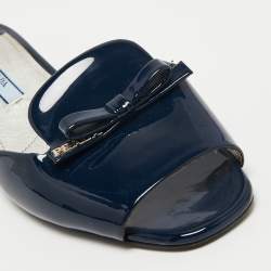 Pre Owned Prada Blue Patent Leather Crystal Embellished Bow Flat Slides Size 36.5