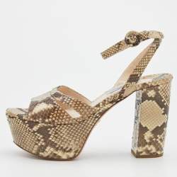 Pre Owned Prada Beige/Brown Python Block Heel Platform Ankle Strap Sandals Size 38.5