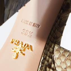 Pre Owned Prada Beige/Brown Python Block Heel Platform Ankle Strap Sandals Size 38.5