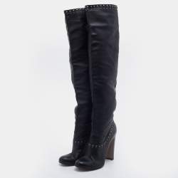 Pre Owned Prada Black Leather Studded Knee Length Boots Size 38