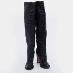 Pre Owned Prada Black Leather Studded Knee Length Boots Size 38