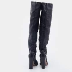 Pre Owned Prada Black Leather Studded Knee Length Boots Size 38