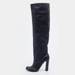 Pre Owned Prada Black Leather Studded Knee Length Boots Size 38