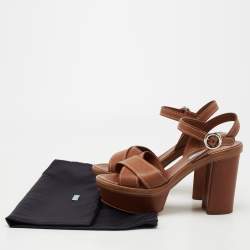 Pre Owned Prada Tan Leather Criss Cross Platform Ankle-Strap Sandals Size 39.5