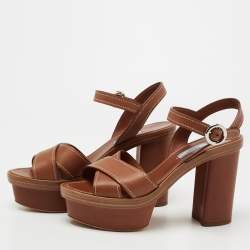 Pre Owned Prada Tan Leather Criss Cross Platform Ankle-Strap Sandals Size 39.5