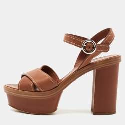 Pre Owned Prada Tan Leather Criss Cross Platform Ankle-Strap Sandals Size 39.5