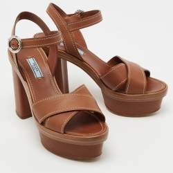 Pre Owned Prada Tan Leather Criss Cross Platform Ankle-Strap Sandals Size 39.5