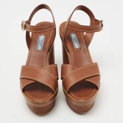 Pre Owned Prada Tan Leather Criss Cross Platform Ankle-Strap Sandals Size 39.5