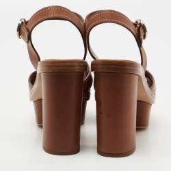 Pre Owned Prada Tan Leather Criss Cross Platform Ankle-Strap Sandals Size 39.5