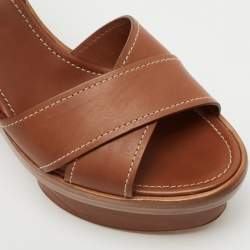 Pre Owned Prada Tan Leather Criss Cross Platform Ankle-Strap Sandals Size 39.5